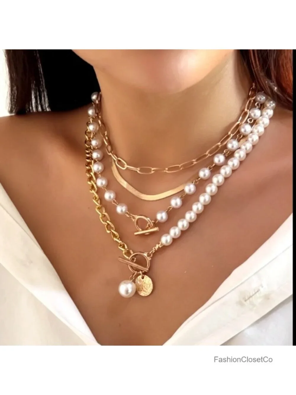 Chunky Layered Gold Necklace Set with Pearl, Paperclip, Herringbone, Toggle